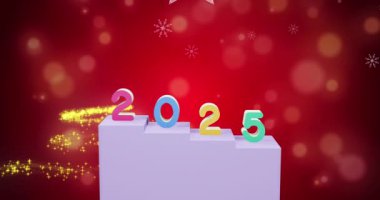 Arka planda 2025 metin ve noel dekorasyonunun animasyonu. Yeni yıl, Noel, şenlik, kutlama ve gelenek konsepti dijital olarak oluşturuldu.