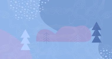 Soyut şekiller ve mavi arkaplanda noel ağacı simgeleri üzerindeki topoğrafya şekillerinin animasyonu. Noel şenliği ve kutlama konsepti