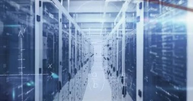 Animation of mathematical equations and data processing over server room. Global technology, computing and digital interface concept digitally generated video.