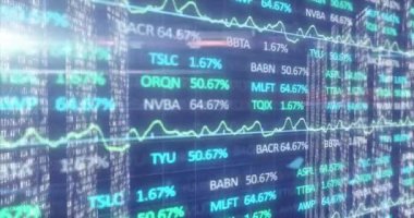 Mozaik kareli ekranlara karşı istatistiksel ve borsa veri işleme animasyonu. Küresel ekonomi ve iş teknolojisi kavramı