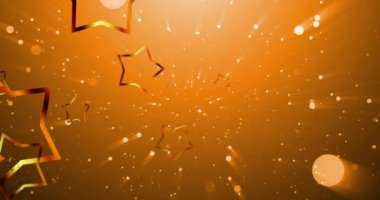 Turuncu zemine düşen yıldızların ve karın animasyonu. Yeni yıl arifesi, parti, şenlik ve kutlama konsepti dijital olarak oluşturulmuş video.