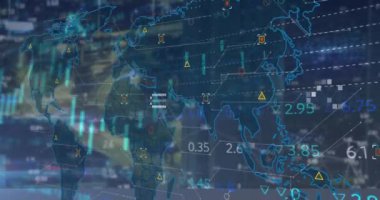 Dünya haritasında mavi arkaplanla veri işleme animasyonu. Küresel ağ ve iş veri teknolojisi kavramı