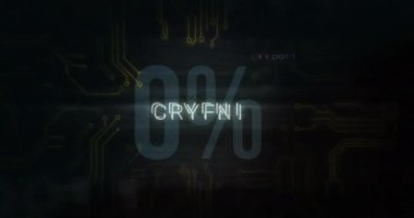 0 'dan 58' e kadar sayan şifreli metin animasyonu, x sembolü, hata tekniği. Devre tablosu dokusu, dijital olarak oluşturulmuş, hologram, para birimi, finans, soyut ve teknoloji kavramı.