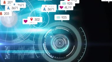 Sosyal medya simgelerinin yuvarlak tarayıcılar üzerinde canlandırılması ve mavi arka planda ışık noktaları. Küresel ağ ve iş teknolojisi kavramı