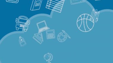 Mavi arkaplandaki bulutların üzerindeki okul eşyalarının canlandırılması. Okula, eğitime ve dijital arayüz konseptine dijital olarak oluşturulmuş video.