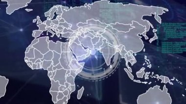 Saat, dünya haritası ve kara arkaplan üzerindeki veri işleme ağı animasyonu. Küresel teknoloji, bağlantılar ve dijital arayüz konsepti dijital olarak oluşturulmuş video.