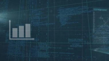 Siyah arkaplanda veri işleme üzerine grafik animasyonu. Küresel teknoloji, bilim ve dijital arayüz kavramı dijital olarak oluşturulmuş video.