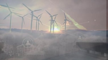 Bulutların üzerinde ikonlar ve rüzgar türbinlerinin canlandırılması. Küresel iş ve dijital arayüz kavramı dijital olarak oluşturulmuş video.