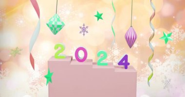 Arka planda 2024 metin ve noel dekorasyonunun animasyonu. Yeni yıl, Noel, şenlik, kutlama ve gelenek konsepti dijital olarak oluşturuldu.