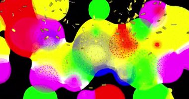 Şekiller üzerinde konfeti animasyonu ve siyah arka planda havai fişekler. Yeni yıl, parti ve kutlama konsepti dijital olarak oluşturuldu.