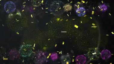 Siyah arka planda konfeti ve havai fişek animasyonu. Yeni yıl, parti ve kutlama konsepti dijital olarak oluşturuldu.