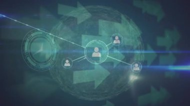 Dünya üzerindeki simgelerle ve siyah arkaplandaki oklarla bağlantı ağının animasyonu. Dijital olarak oluşturulmuş küresel bağlantılar, bilgisayar ve dijital arayüz kavramı.