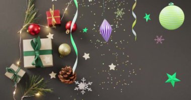 Parti flamaları ve Noel süslemeleri animasyonu. Yeni yıl, Noel, şenlik, kutlama ve gelenek konsepti dijital olarak oluşturuldu.