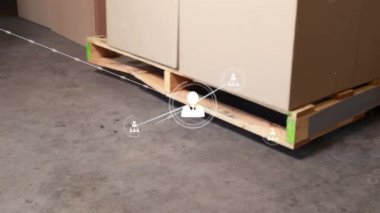 Animation of network of connections over warehouse. Global business and digital interface concept digitally generated video.