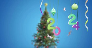 2024 yazı ve Noel ağacı animasyonu ve arka planda süslemeler. Yeni yıl, Noel, şenlik, kutlama ve gelenek konsepti dijital olarak oluşturuldu.