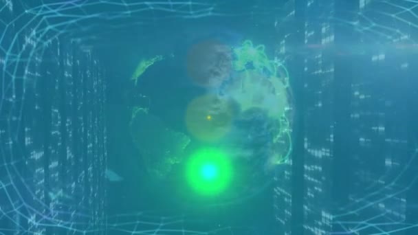 Animacja Sygnalizacji Świetlnej Zielonych Szlaków Świetlnych Wirującej Kuli Ziemskiej Ekranach — Wideo stockowe