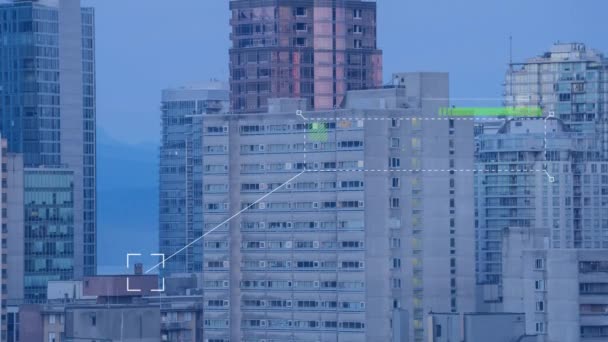 Yüksek Binaların Havadan Görüntüsü Üzerinden Veri Işleme Animasyonu Verileri Analitik — Stok video