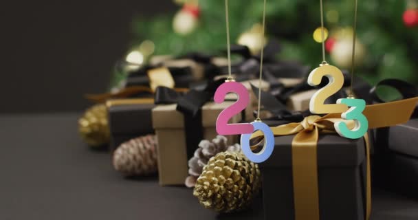 Animación 2023 Texto Decoraciones Navideñas Segundo Plano Año Nuevo Navidad — Vídeos de Stock