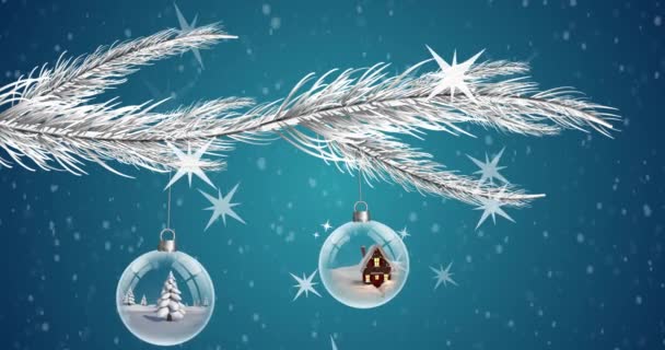 Animazione Stelle Gingilli Con Albero Casa Sfondo Blu Inverno Natale — Video Stock