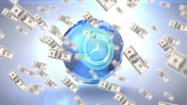 在美元钞票上和全球白底上移动时钟的动画 全球商业 金融和数字视频接口概念 — 图库视频影像