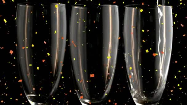 Animation Multicolored Falling Confetti Champagne Getting Poured Glass Digital Composite — Stock Video
