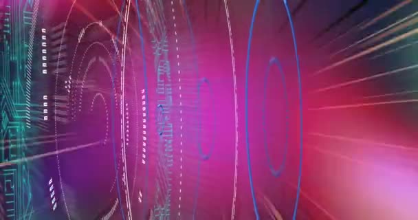 Анімація Сканування Простору Над Світлими Стежками Фіолетовому Фоні Глобальна Наука — стокове відео
