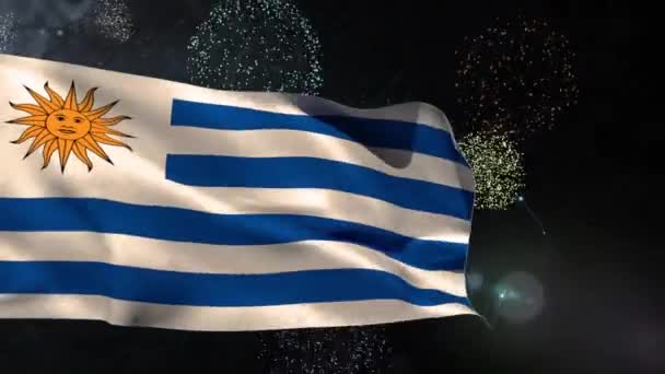 黒を背景に花火の上にウルグアイの旗のアニメーション 国旗とお祝いのコンセプトデジタル生成ビデオ — ストック動画