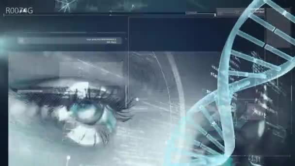 Animatie Van Gegevensverwerking Dna Streng Zwarte Achtergrond Global Technology Computing — Stockvideo