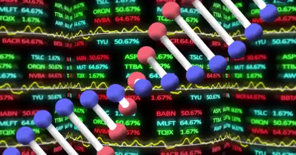 在黑色背景下 Dna结构在股票市场数据处理上的动画化 全球经济和医学研究技术概念 — 图库视频影像