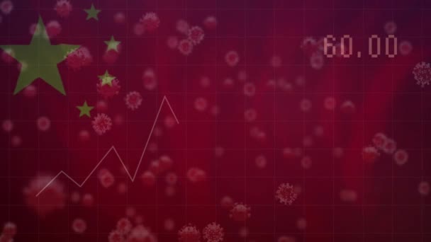 中国の国旗を振って浮動金融データ処理とCovid 19細胞のアニメーション 世界金融とCovid 19パンデミックの概念 — ストック動画