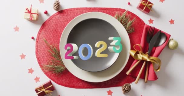 Animación 2023 Texto Navidad Lugar Ajuste Decoraciones Fondo Año Nuevo — Vídeo de stock