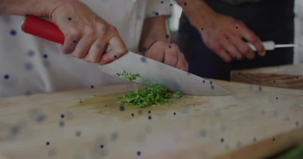 Animação Pontos Formando Hélice Dna Sobre Mãos Cortadas Chef Cortando — Vídeo de Stock