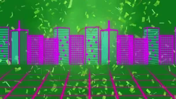 五彩纸屑的动画飘落在城市上空 数字视频产生的背景和数字接口概念 — 图库视频影像