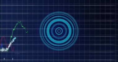 Donanma arkaplanındaki finansal grafiklerin ve işlem çemberinin animasyonu. Küresel finans, ekonomi ve teknoloji kavramı dijital olarak üretilen video.