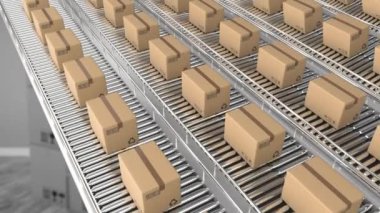 Deponun üstündeki taşıyıcı banttaki kutuların animasyonu. Küresel gönderim, dağıtım ve dijital arayüz kavramı dijital olarak oluşturulmuş video.