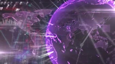 Dünya haritasının animasyonu, bağlantı ağları ve veri işleme ağları olan dünya. Dijital olarak oluşturulmuş küresel ağlar, bağlantılar ve veri işleme kavramı.