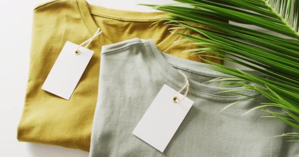 Vídeo Primer Plano Camisetas Plegadas Color Verde Mostaza Con Etiquetas — Vídeo de stock