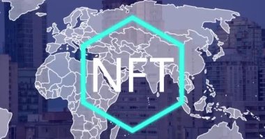 Nft metninin ve şehir haritasının animasyonu. Küresel sosyal medya, teknoloji ve dijital arayüz kavramı dijital olarak oluşturulmuş video.
