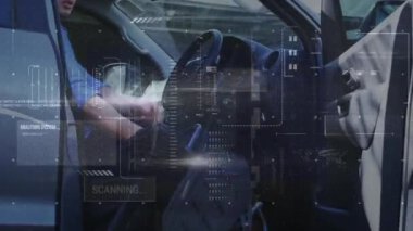 Arabadaki adamın üzerindeki bağlantıların ve veri işlemenin animasyonu. Dijital olarak oluşturulmuş küresel bağlantılar, hesaplama ve veri işleme kavramı.