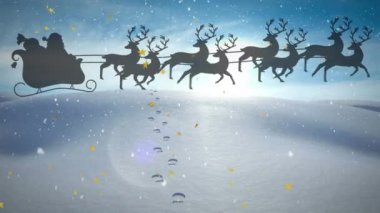 Kar yağışının animasyonu ve Noel Baba 'nın kış manzarası boyunca ren geyikleriyle kızakta olması. Noel, gelenek ve kutlama konsepti dijital olarak oluşturuldu.