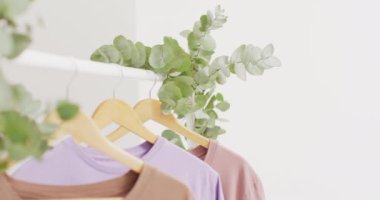 Beyaz arka planda asılı bej ve mor tişörtlerin yakın çekim videosu. Giyim, moda, perakende, kumaş, doku ve malzeme konsepti.