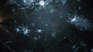Noel 'de ışık yollarının üzerine siyah arka planda kar yağması animasyonu. Noel, gelenek ve kutlama konsepti dijital olarak oluşturuldu.