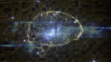 Bağlantılar ve veri işleme ağlarıyla insan beyninin animasyonu. Dijital olarak oluşturulmuş küresel ağlar, bağlantılar ve veri işleme kavramı.