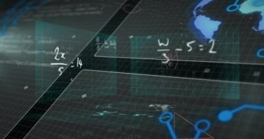 Matematiksel denklemlerin, kara arka plandaki veri işleme üzerine animasyonu. Eğitim, öğrenme ve dijital arayüz kavramı dijital olarak oluşturulmuş video.