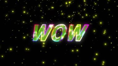Yanıp sönen sarı ışıkların üzerindeki wow metninin animasyonu. Geçmişe dönük, soyut arkaplan ve dijital arayüz kavramı dijital olarak oluşturulmuş video.