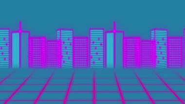 Yeşil arka planda dijital şehrin animasyonu. Soyut arkaplan, şablon ve hareket kavramı dijital olarak oluşturuldu.