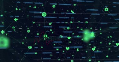 Grafiklerin animasyonu, finansal veriler ve siyah arkaplandaki simgeler. Küresel finans, ekonomi ve teknoloji kavramı dijital olarak üretilen video.