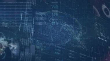 Karanlık arka planda istatistik ve dijital veri işleme animasyonu. Dijital olarak oluşturulmuş küresel bağlantılar, veri işleme, hesaplama ve çevrimiçi güvenlik kavramı.