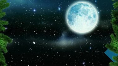 Köknar ağacının Ay 'ın üzerindeki görüntüsü ve düşen kar. Noel, kutlama ve dijital arayüz kavramı dijital olarak oluşturulmuş video.
