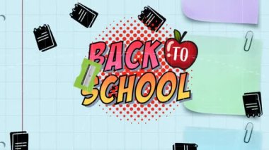 Okul metninin ve elmanın soyut şablona göre animasyonu, düşen not defterleri, bileyiciler. Dijital bileşim, çoklu pozlama, çocukluk, eğitim ve okul kavramı.